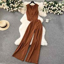 Tailleur Completo Outfit Set Maglia Gilet Pantaloni Marrone Gessato 05195