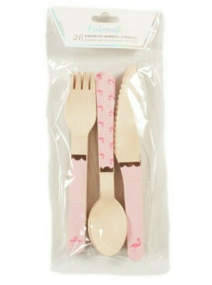Bamboo Flatware Disposable Reusable Flamingo Design 24 Pieces Cakewalk NEW