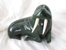 Canadian Spinach Nephrite Jade British Columbia Carved Walrus Sculpture D. Wong