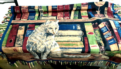 4-foot LAZY LIBRARY CATS blanket or throw with tassled Fringe (48'' x 48'')