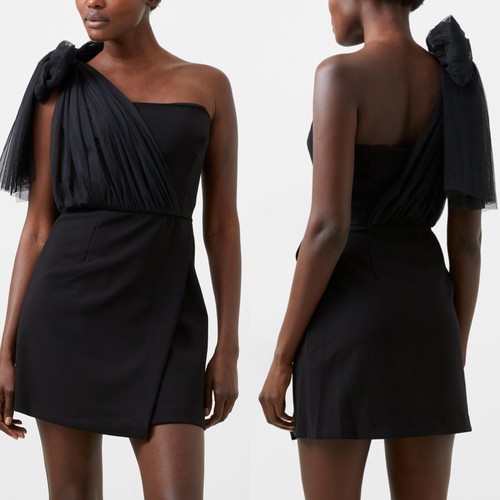 NEW FRENCH CONNECTION Black WHISPER One Shoulder TULLE OVERLAY Mini DRESS US 8 - Picture 2 of 14