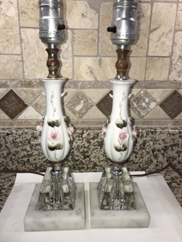 Vtg Pair of Porcelain & 3D Rose Lamp Pair Glass Marble  Base-japan - Picture 1 of 5