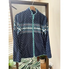 Talbots Fleece Jacket Full Zip Nordic Print Cozy Warm Blue Size M