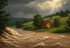 CABIN FOREST TREE ART PRINT, Lake River Wall Decor, House Landscape Poster