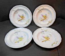 FOUR Longchamp Perouges Bird & Flowers French Faience Rimmed Soup 9”