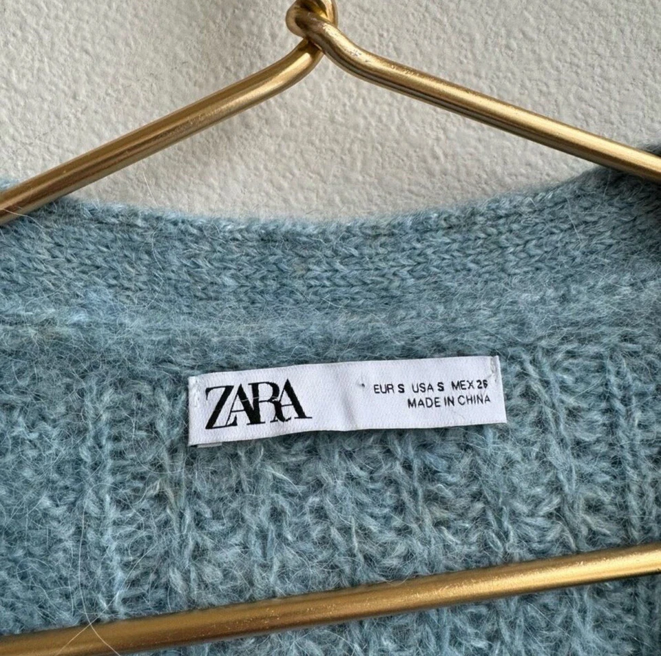 Suéter Zara Alpaca Blend azul babado botão frontal malha manga folhada tamanho pequeno - Imagem 4 de 4