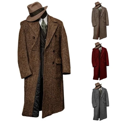 Tweed Fischgräte Mantel Herren Wintermantel Knielang Jacke Stadtisch Klassisch - Bild 1 von 4