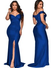 LATEST DESIGN Blue Short Sleeve Ruched Long Maxi Slit Evening Dress UK Size 8