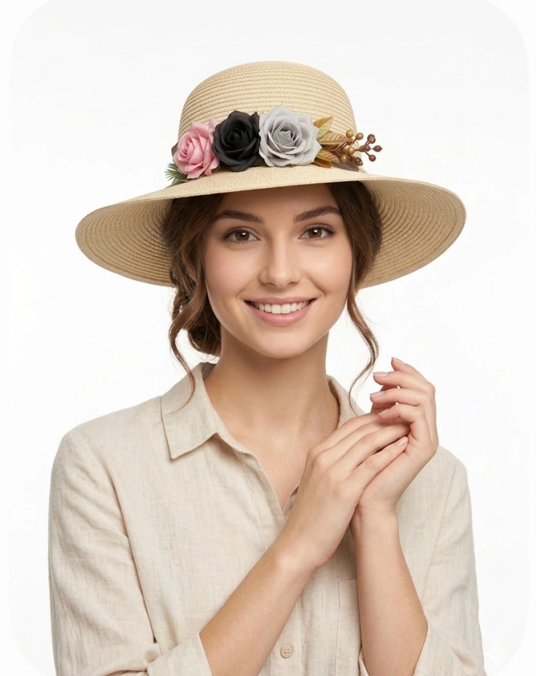 Flower & Lace Beach Hat Wide Brim Paper Straw Floppy Women's Sun Hat