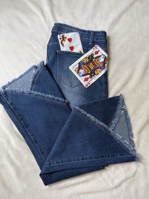 Denimlab Jeans Women 13 Flare Raw Hem Patchwork Y2K Festival Boho Denim