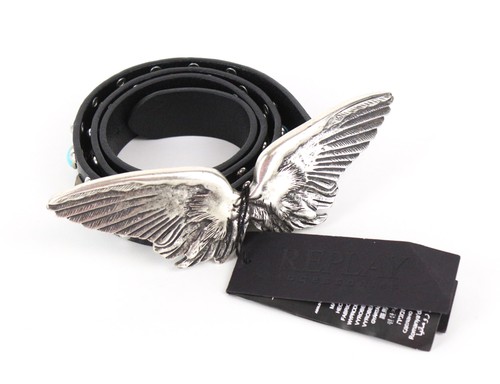 REPLAY Men Belt 80 cm Casual Black Genuine Cow Leather Studs Wings Buckle - Picture 2 of 12