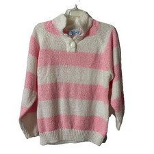 Liz Thomas Vintage Knit Sweater Sz 42/22W Pink White Chunky Stripes Collared