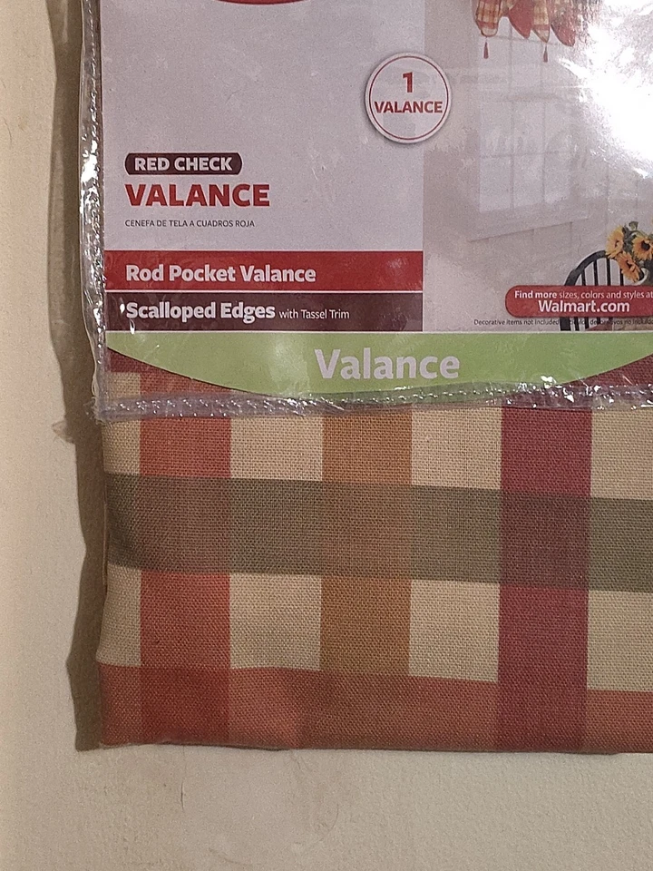 Better Homes Red Check Scalloped Edge Valance Tassels Cottage Farmhouse 60" ×20" - Image 4 of 4