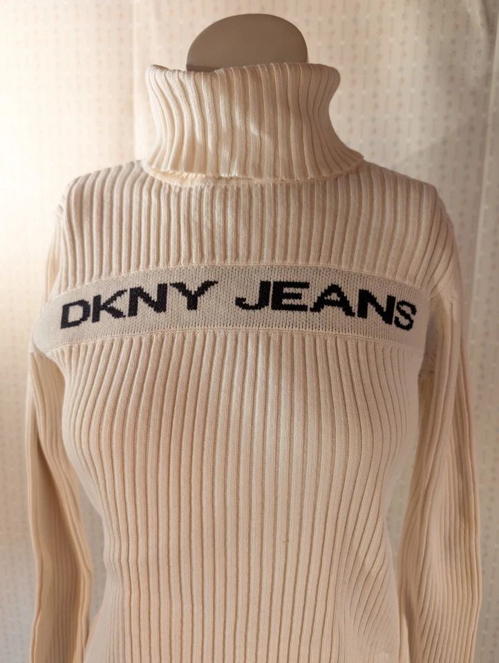 Vintage DKNY Sweater S Fitted Ribbed Spell Out Logo Turtleneck 90s Y2K Preppy - Image 2 of 4