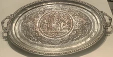 ANTIQUE PERSIAN  REPOUSSE' BRASS TRAY HAND-CHASED  QAJAR COURT SCENE  1930s