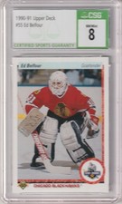 90-91 ED BELFOUR RC UPPER DECK STAR ROOKIE CARD #55 BLACKHAWKS CSG 8 NM/MINT (B). rookie card picture