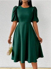 Lyxana Women's Flared Long Dress With Crew Neck And Puff Sleeves Sz S M L XL