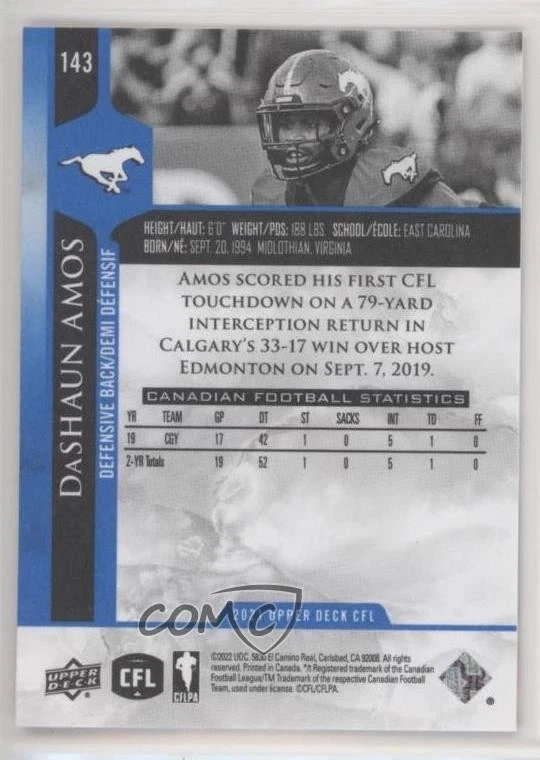 2021 Upper Deck CFL Blue DaShaun Amos #143 - Image 2 of 2