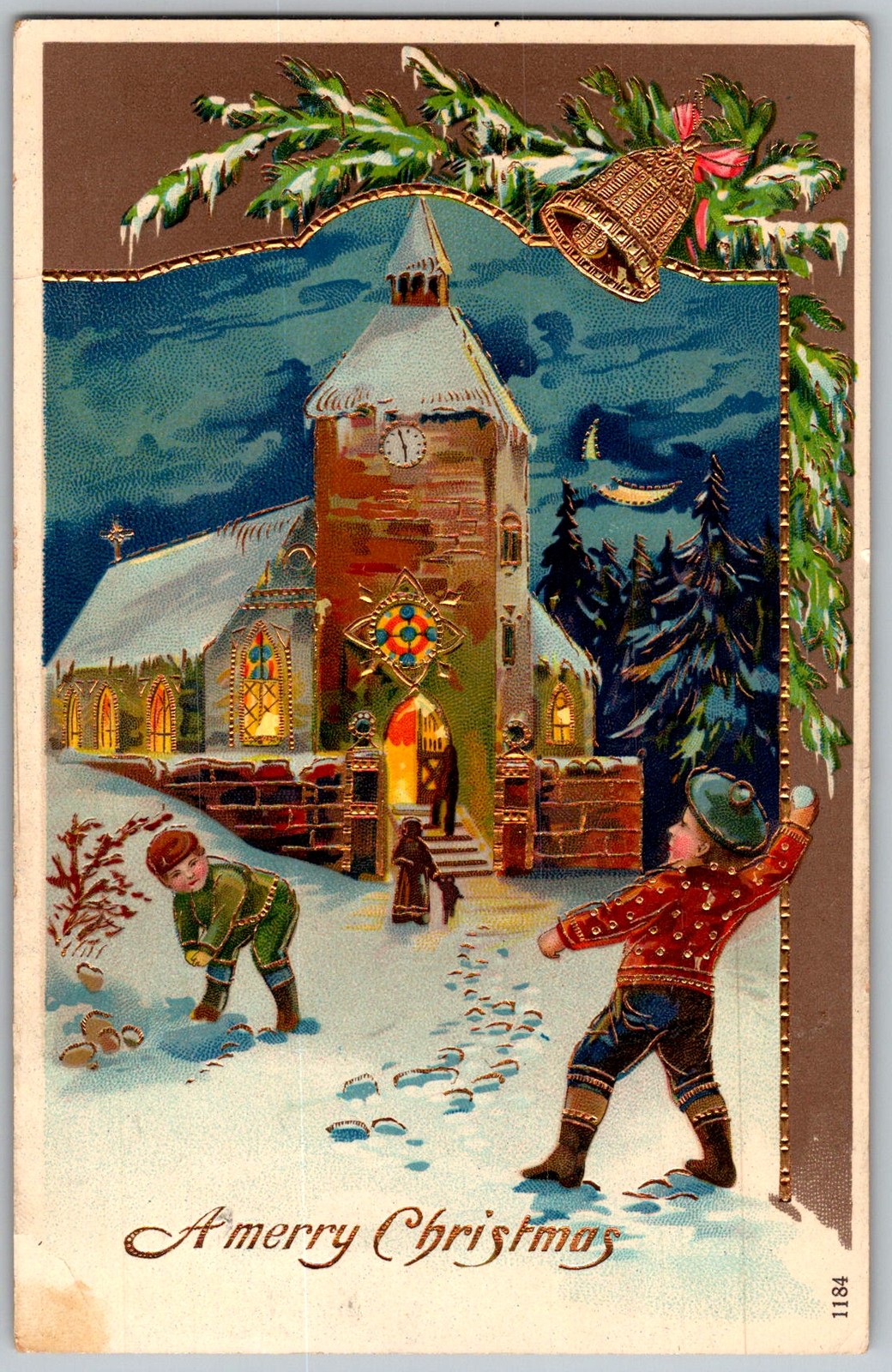 Antique Postcard Christmas Church Snowball Fight 1910s