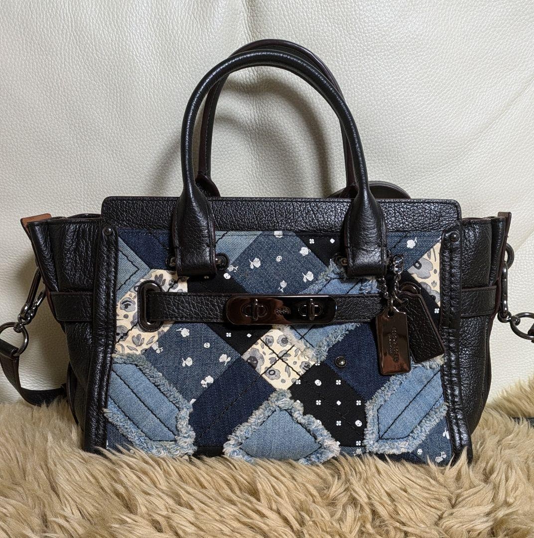 COACH Black Leather Denim Patchwork Shoulder Bag … - image 3