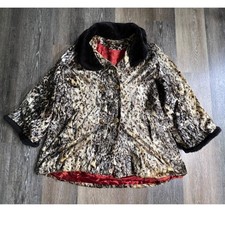 Vintage ILGWU Faux Fur Swing Coat Women Large Brown Leopard Print Gold Buttons