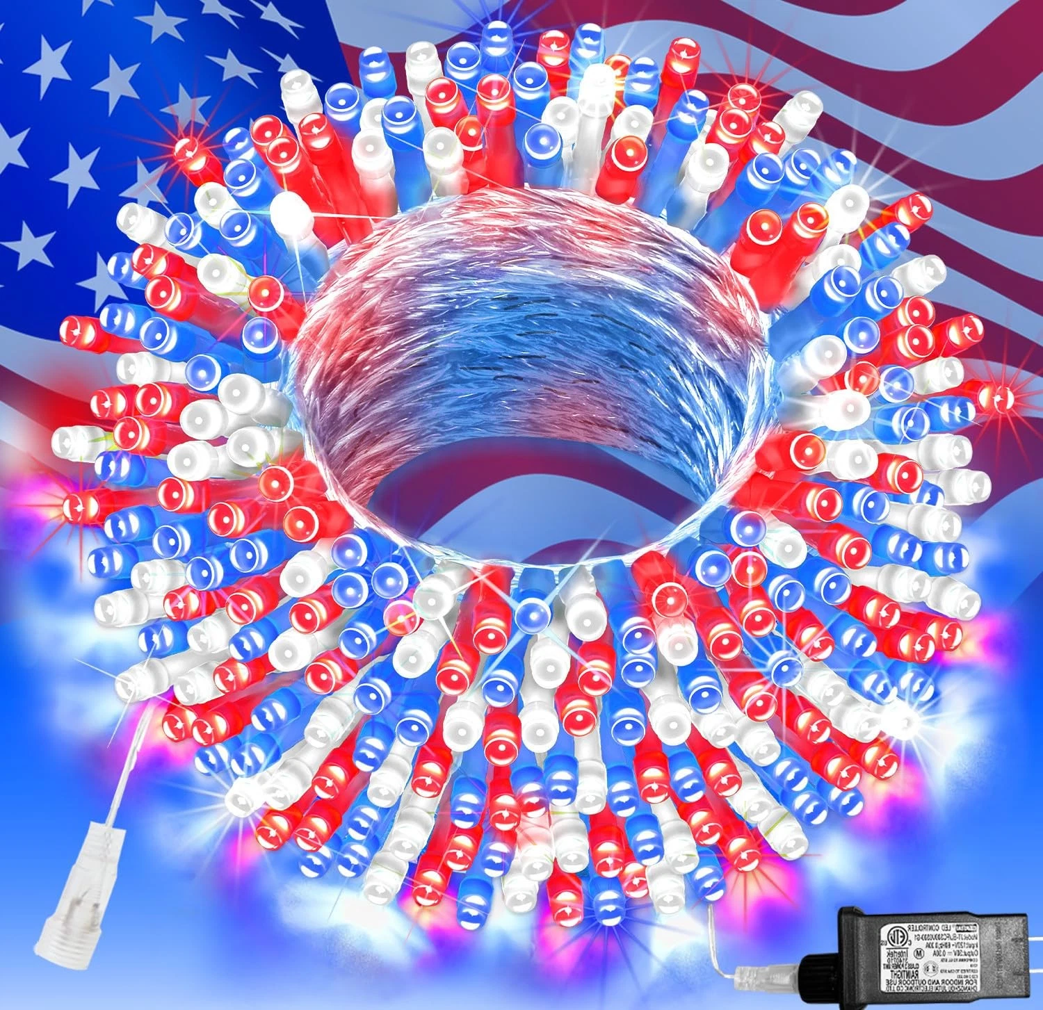 200 LED 66 FT 4th of July Decorations Lights, Red White Blue Patriotic String...