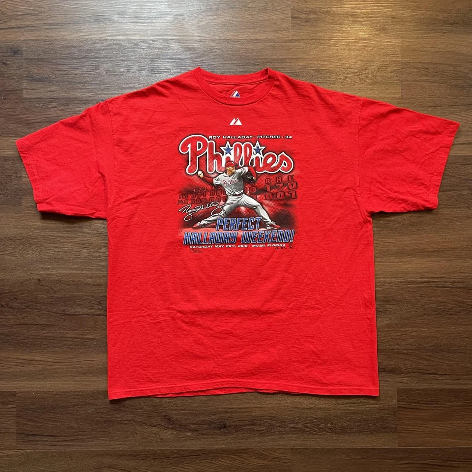 Camisa Philadelphia Phillies Para Hombres 2XL Roja MLB Béisbol Roy Halladay Majestuosa Foto 2 de 4