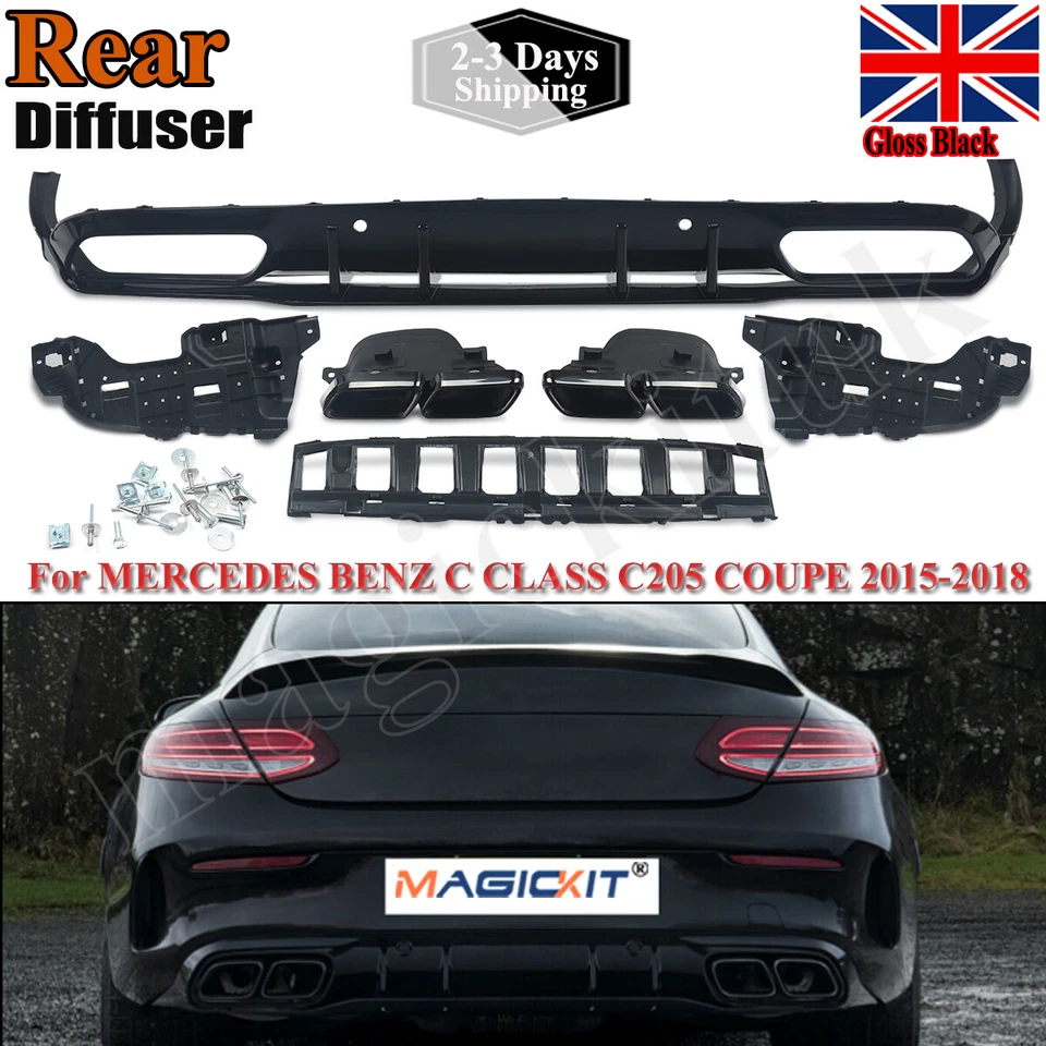 MAGICKIT FOR MERCEDES C CLASS A205 C205 AMG STYLE GLOSSY BLACK DIFFUSER & TAILPIPES 14-18