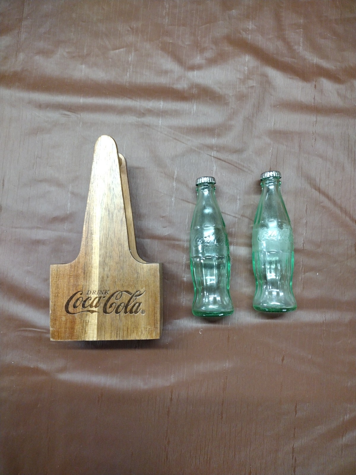 Coca Cola Salt And Pepper Shakers Glass Bottle Shape With Holder 4.5&#034; Tall