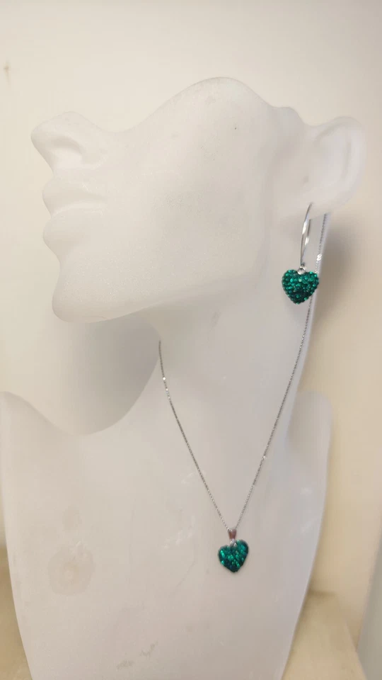 Parure Set Gioielli Donna Argento 925 collana orecchini Strass Cuori Verdi - Immagine 2 di 4