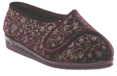 Comfylux Helen LS467 Superwide Touch Fasten Velour Hausschuhe Wein Blumen Velour
