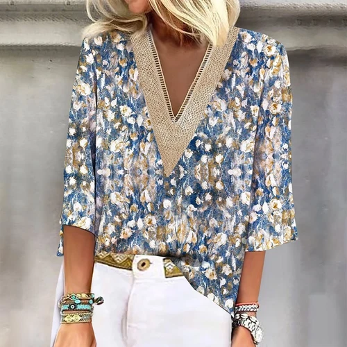 Damen Freizeit Boho Blumen V-Ausschnitt 3/4 Ärmel lose Blusen Shirts Sommer Tops - Bild 9 von 25