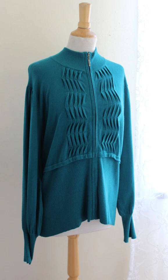 Cárdigan Suéter Chaqueta Marc Bouwer Talla 2X Verde Azulado Ropa Artística Boho Plisado Funky Cremallera Foto 3 de 4