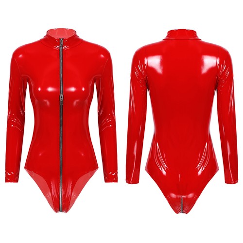 Body donna ~ pelle PVC maniche lunghe body cerniera cavallo catsuit taglio alto - Foto 25 di 33