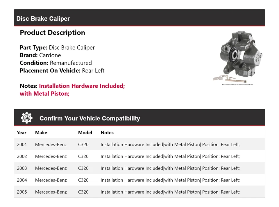 Pinza de freno de disco trasera izquierda cardone 2002 2003 para Mercedes-Benz C320 2001-2005 Foto 2 de 4