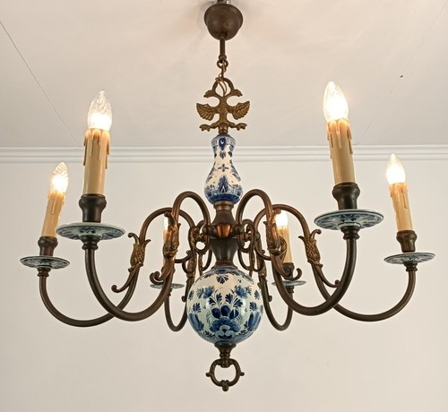 Delft Blue white Porcelain Brass Chandelier 6 arm Fixture Barn Farmhouse style - Picture 2 of 16
