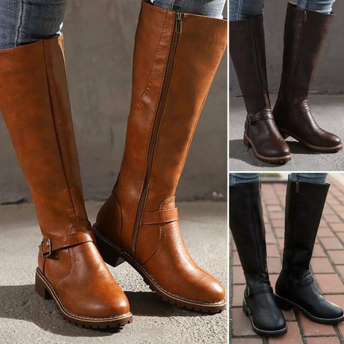 Womens Retro Casual Knee-High Riding Boots Winter Zipper Low Heel Leather Boots - Picture 5 of 16