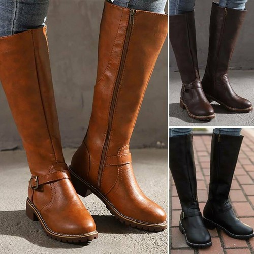 Casual Women Knee High Horse Riding Boots Winter Zip Up Low Heel Wide Calf Shoes - Picture 1 of 15