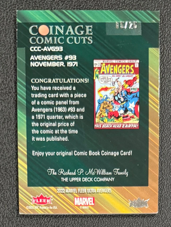 Fleer Ultra Avengers 2022 Edad de la Moneda Cómic Cortes Avengers #93 1971 promedio 93 #05/25 Foto 3 de 4