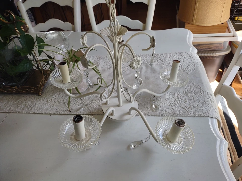 Tole Chandelier floral White 5 light crystals Shabby Chic Vintage Tole 18"X 14" - Image 3 of 4