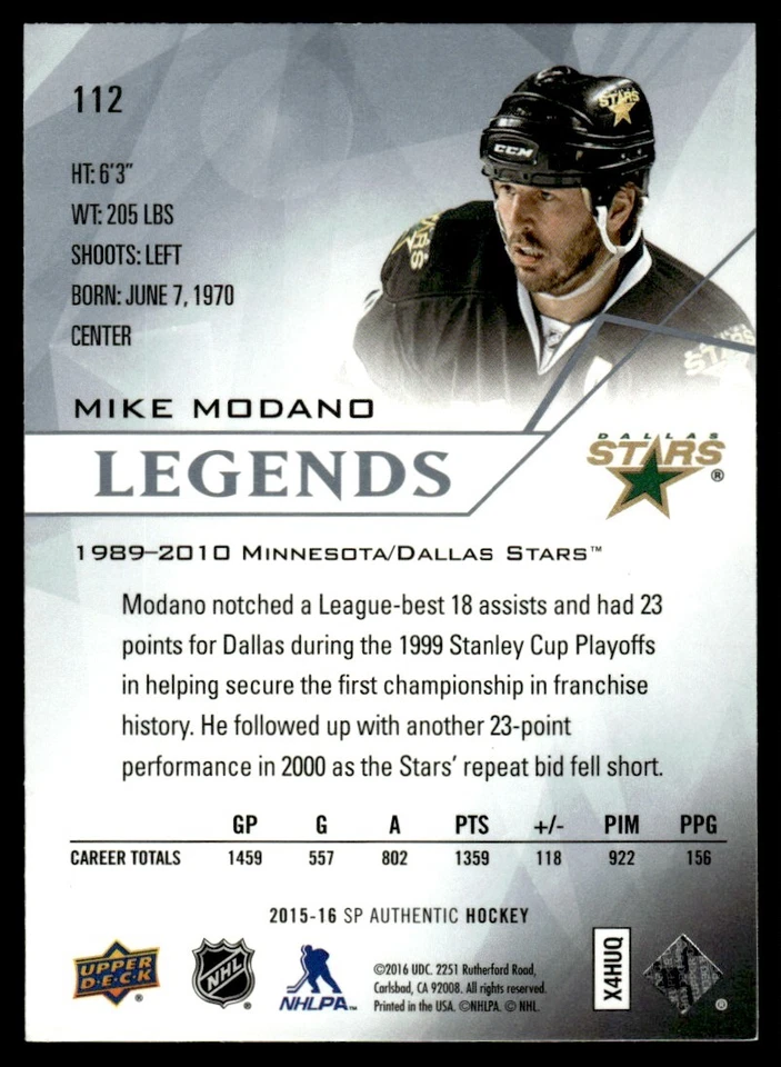 2015-16 SP Authentic LEGENDS Mike Modano Dallas Stars #112 - Image 2 of 2