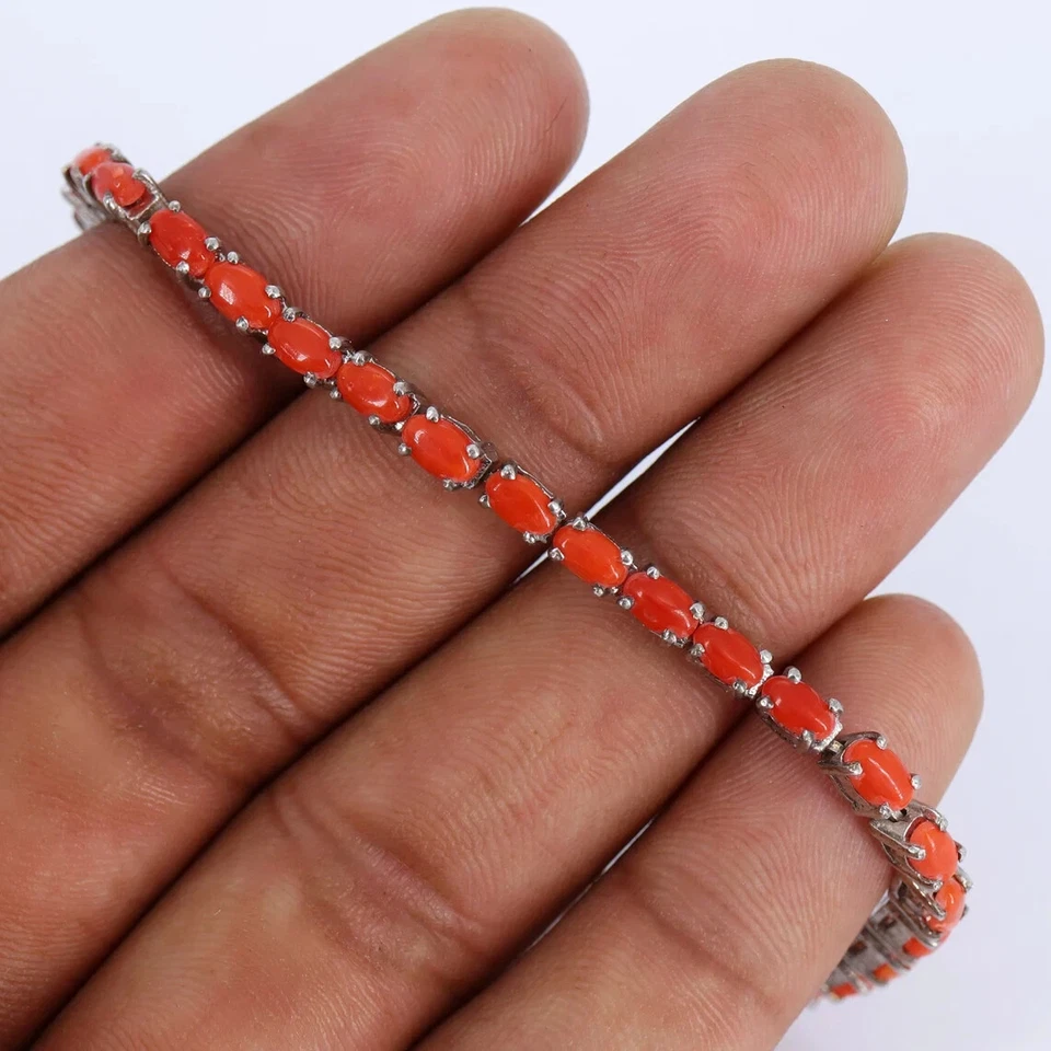 Pulsera de piedras preciosas de coral rojo pulsera artesanal de plata de ley 925 regalo para él Foto 2 de 4
