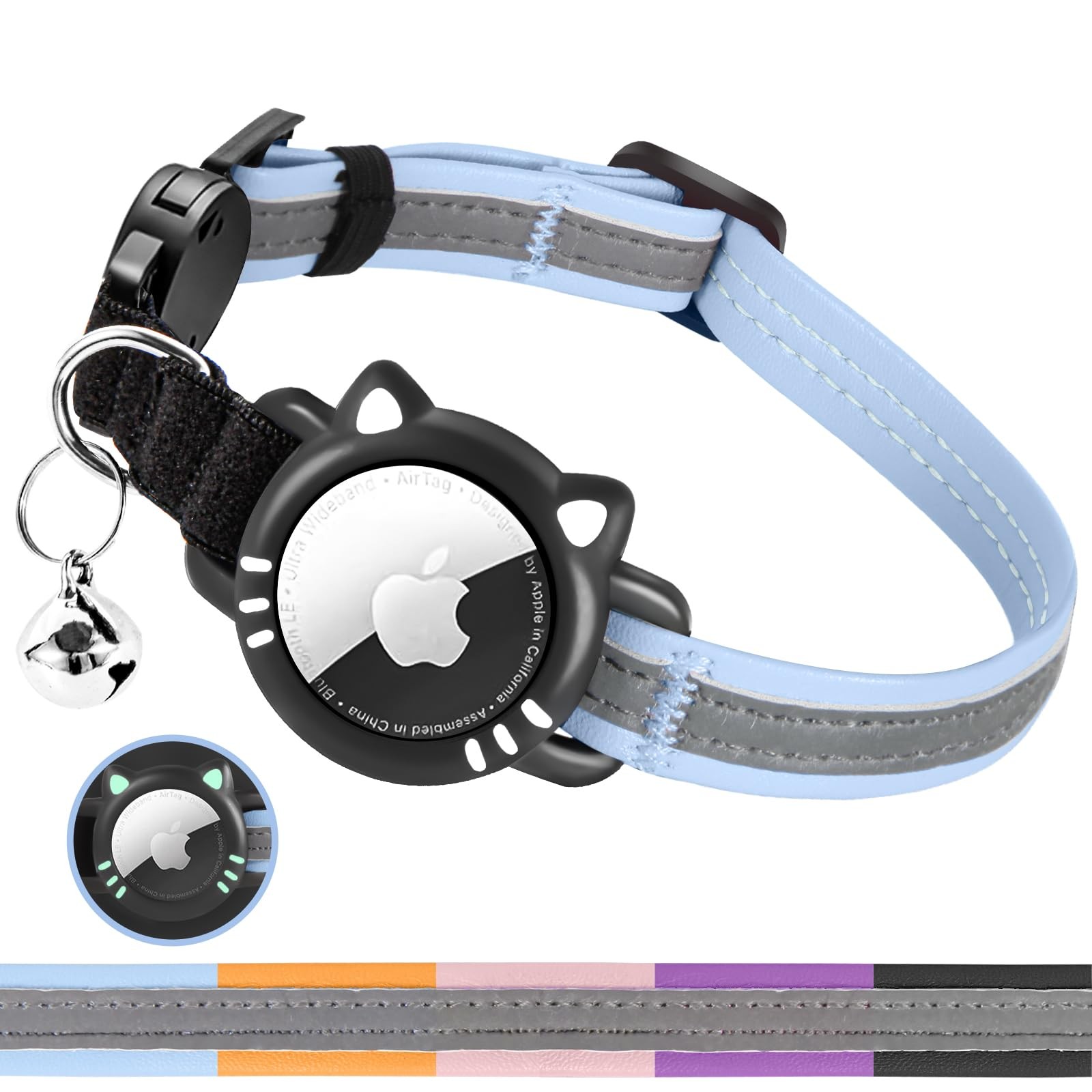 Collier Airtag pour chat réfléchissant en nylon noir avec boucle de sécurité