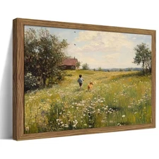 Vintage Framed Canvas Wall Art, Rustic Wall Decor, Boy Running in the Flower ...