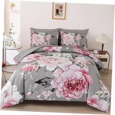 Comforter Set Queen Size,7 Pieces Pink Floral Print Bed in Queen 90   90  Grey