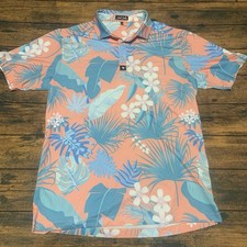 Bad Birdie Men's Large Peach Blue Floral Leafy Soft Golf Polo Shirt