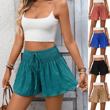 Ladies Lace-up High Elastic Waist Casual Loose Summer Beach Shorts Pants Size UK