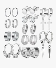 Men Earrings,  11 Pairs Stainless Steel Small Hoop Earrings Cross Dangle Earring
