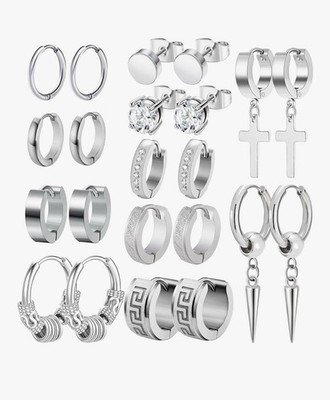 Men Earrings,  11 Pairs Stainless Steel Small Hoop Earrings Cross Dangle Earring