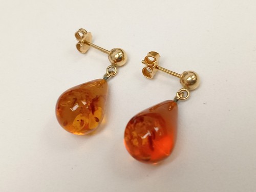 14ct Yellow Gold 585 Amber Teardrop Dangle Earrings Butterfly Backs 1.70 GRAMS - Picture 9 of 9